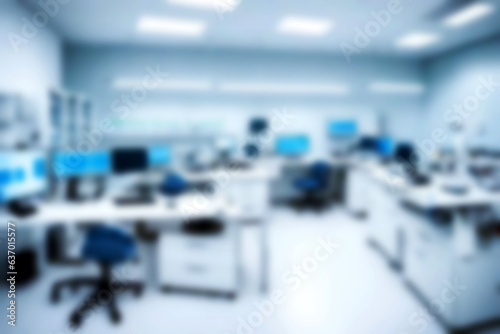 Abstract illustration background. Blurred modern laboratory for pharmacy scientific research. workplace or work space of table work in office with computer. © Setthasith