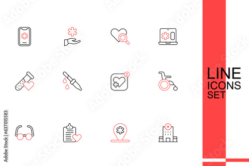 Set line Hospital building, Location hospital, Patient record, Glasses, Wheelchair for disabled person, Mobile with heart rate, Pipette and Test tube blood icon. Vector