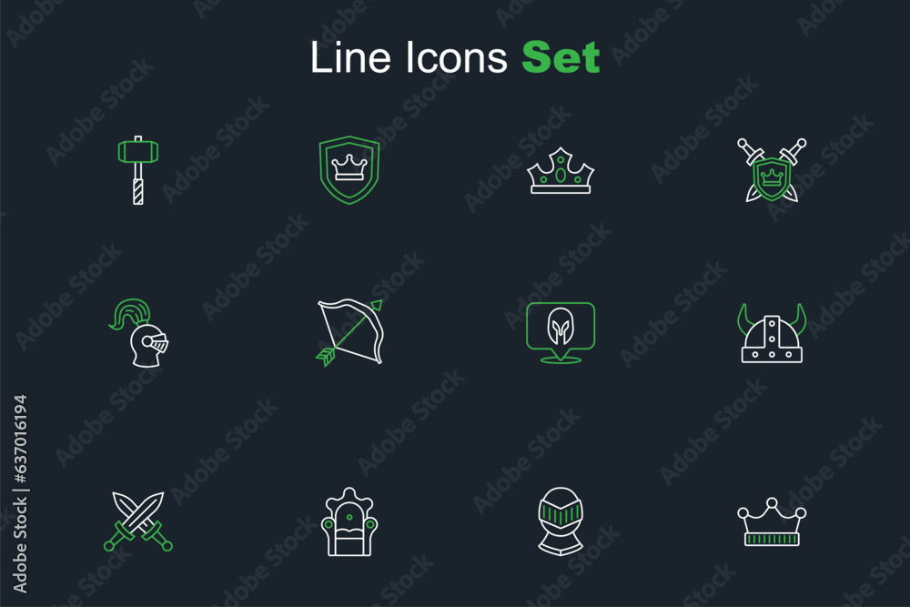 Set line King crown, Medieval helmet, throne, Crossed medieval sword, Viking horned, bow and arrow and icon. Vector