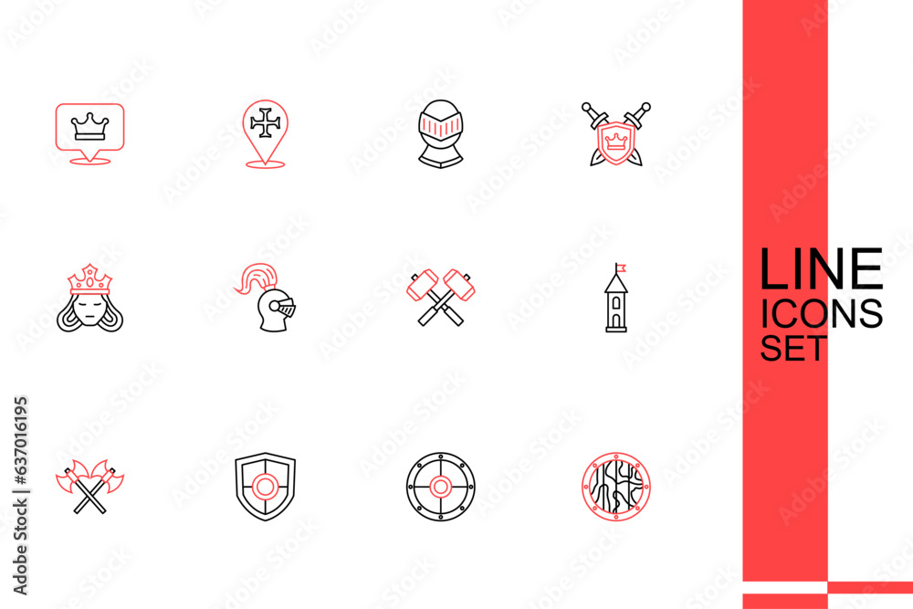 Set line Round wooden shield, Shield, Crossed medieval axes, Castle tower, battle hammers, Medieval helmet and Princess or queen icon. Vector Set line Round wooden shield, Shield, Crossed medieval axes, Castle tower, battle hammers, Medieval helmet and Princess or queen icon. Vector