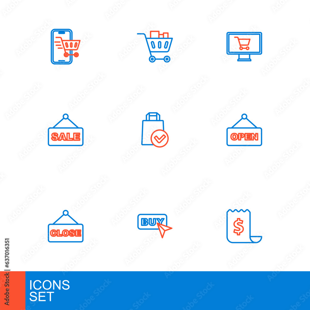Set line Paper check and financial check, Buy button, Hanging sign with text Closed, Open, Sale, shopping bag, Shopping cart monitor and food icon. Vector