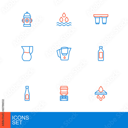 Set line Water filter cartridge, cooler, Bottle of water, Jug glass with, jug, and drop icon. Vector
