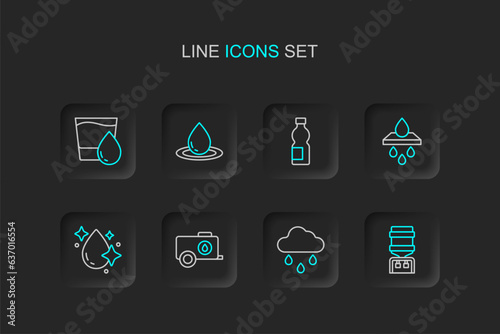 Set line Water cooler, Cloud with rain, Mobile water tank, drop, filter cartridge, Bottle of, and Glass icon. Vector