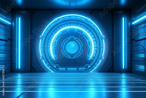 Blue futuristic space tunnel corridor with glowing lights 3d rendering background wallpaper