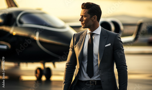 Business Success Story: Billionaire by Private Jet on Runway photo