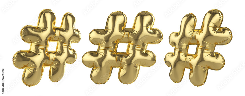 Gold foil balloon pound sign on transparent background. 3d render. Gold foil balloon pound sign on transparent background. 3d render.