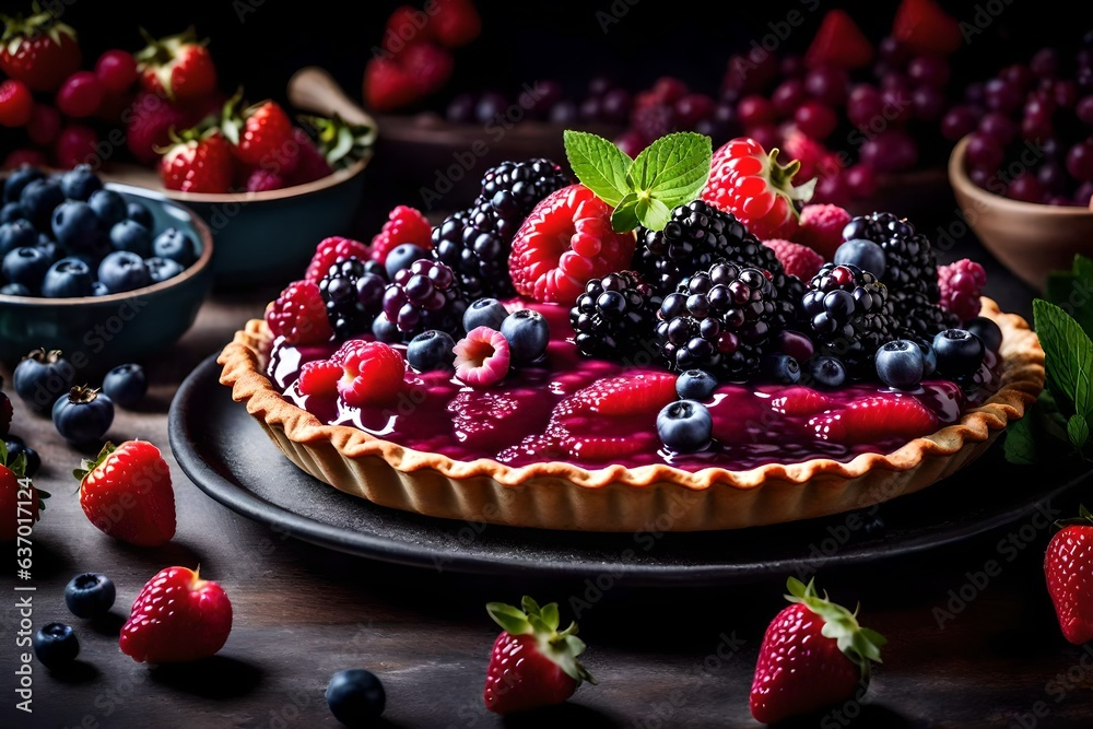 A kitchen filled with tantalizing aromas as you present a mouthwatering berry pie fresh out of the oven - AI Generative - obrazy, fototapety, plakaty 