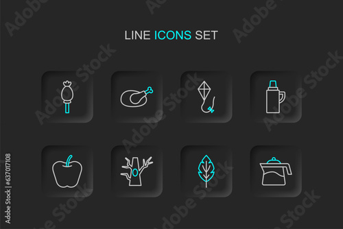 Set line Teapot, Leaf, Bare tree, Apple, Thermos container, Kite, Roasted turkey or chicken and Opium poppy icon. Vector © Iryna