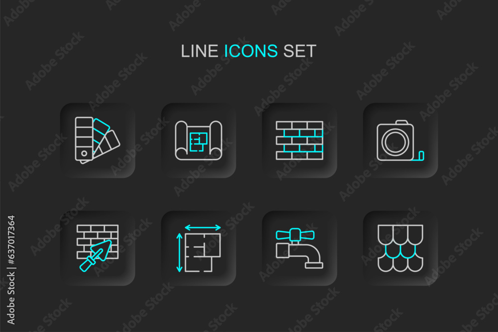 Set line Roof tile, Water tap, House plan, Brick wall with trowel, Roulette construction, Bricks, and Color palette guide icon. Vector Set line Roof tile, Water tap, House plan, Brick wall with trowel, Roulette construction, Bricks, and Color palette guide icon. Vector