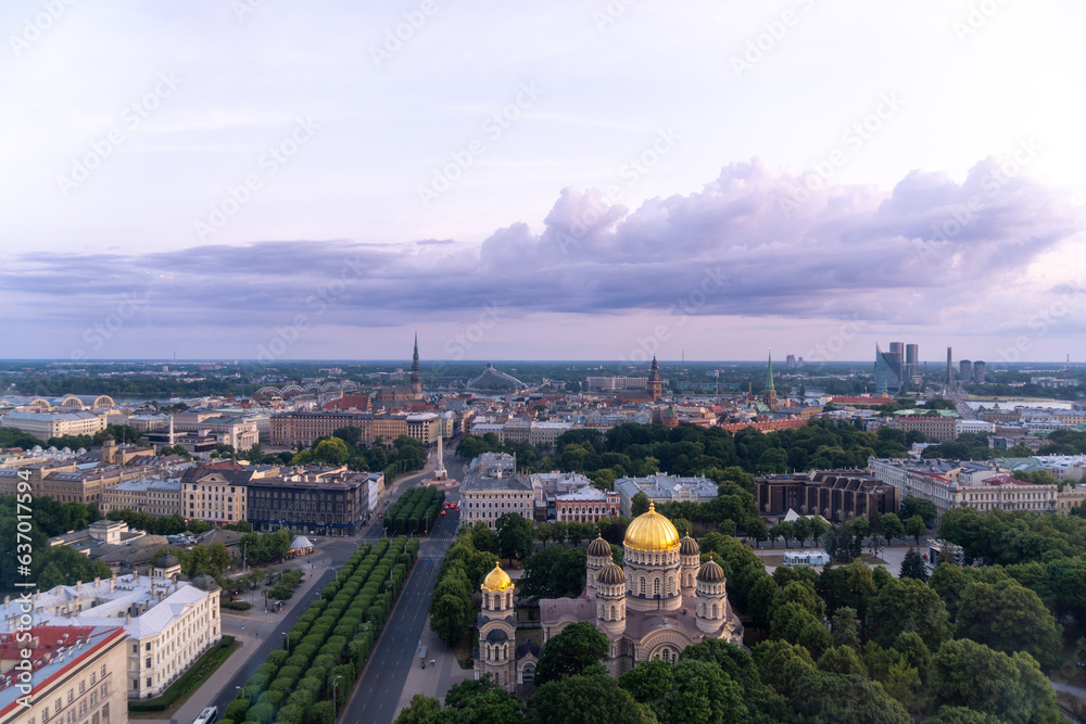 Skyline of the city of Riga seen from the terrace of a hotel, at sunset.