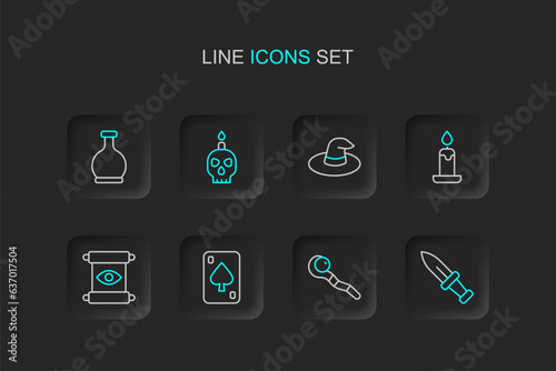 Set line Dagger, Magic staff, Playing cards, scroll, Burning candle, Witch hat, on skull and Bottle with potion icon. Vector © Iryna