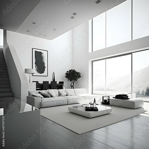 Interior of modern living room with white walls, wooden floor, white sofa and black coffee table genetive AI photo