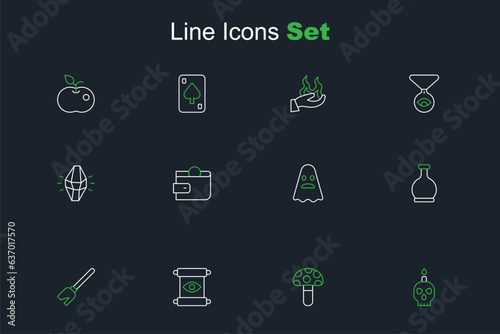Set line Burning candle on skull, Psilocybin mushroom, Magic scroll, Witches broom, Bottle with potion, Ghost, Wallet and stone icon. Vector