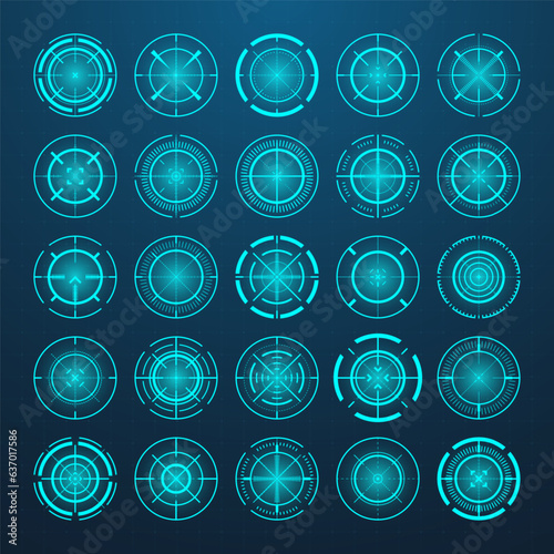 Crosshair, gun sight vector icons. Bullseye, black target or aim symbol. Military rifle scope, shooting mark sign. Targeting, aiming for a shot. Archery, hunting and sports shooting. Game UI element.