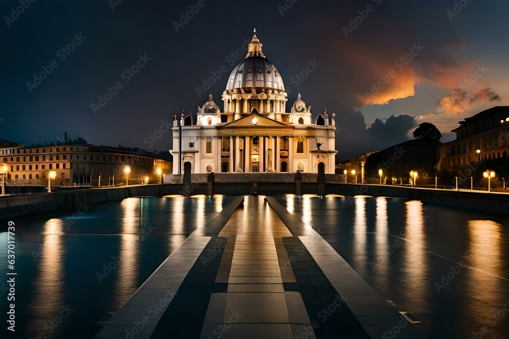 Night view of the Basilica St Peter in Rome, Italy. Generative AI