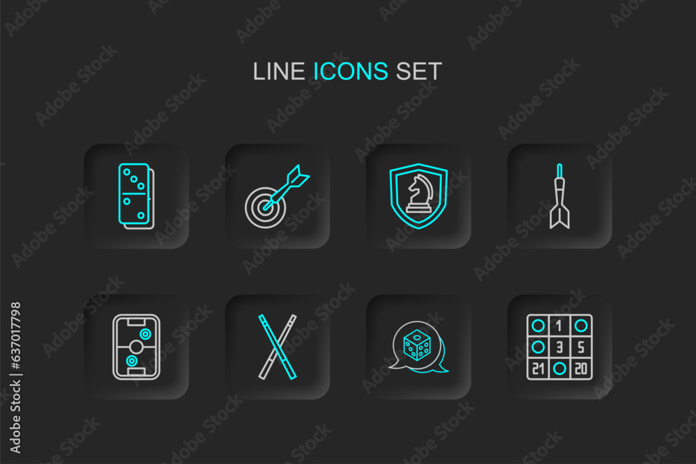 Set line Bingo card, Game dice, Crossed billiard cues, Air hockey table, Dart arrow, Chess, Classic dart board and and Domino icon. Vector Set line Bingo card, Game dice, Crossed billiard cues, Air hockey table, Dart arrow, Chess, Classic dart board and and Domino icon. Vector