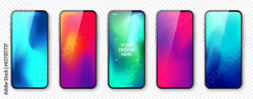 Smartphone with touch screen and abstract colorful background, wallpaper. Frameless mobile phone in front view. High quality detailed device mockup. Vector illustration