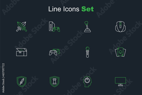 Set line Computer monitor, Power button, Chess shield, Sword for game, Playing cards, VR controller, Game joystick and Chest icon. Vector © Iryna