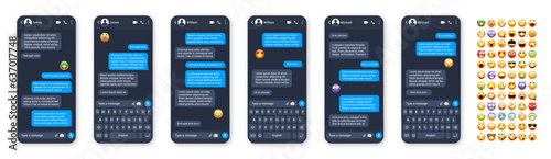 Smartphone messaging app, user interface with emoji. SMS text frame. Chat screen, blue message bubbles. Texting app for communication. Social media application. Dark mode. Vector illustration