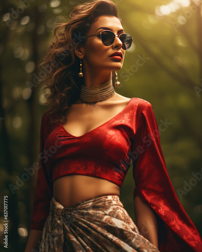 Portrait of beautiful indian girl. Young hindu woman model with golden kundan jewelry set . Traditional Indian costume lehenga choli  photo
