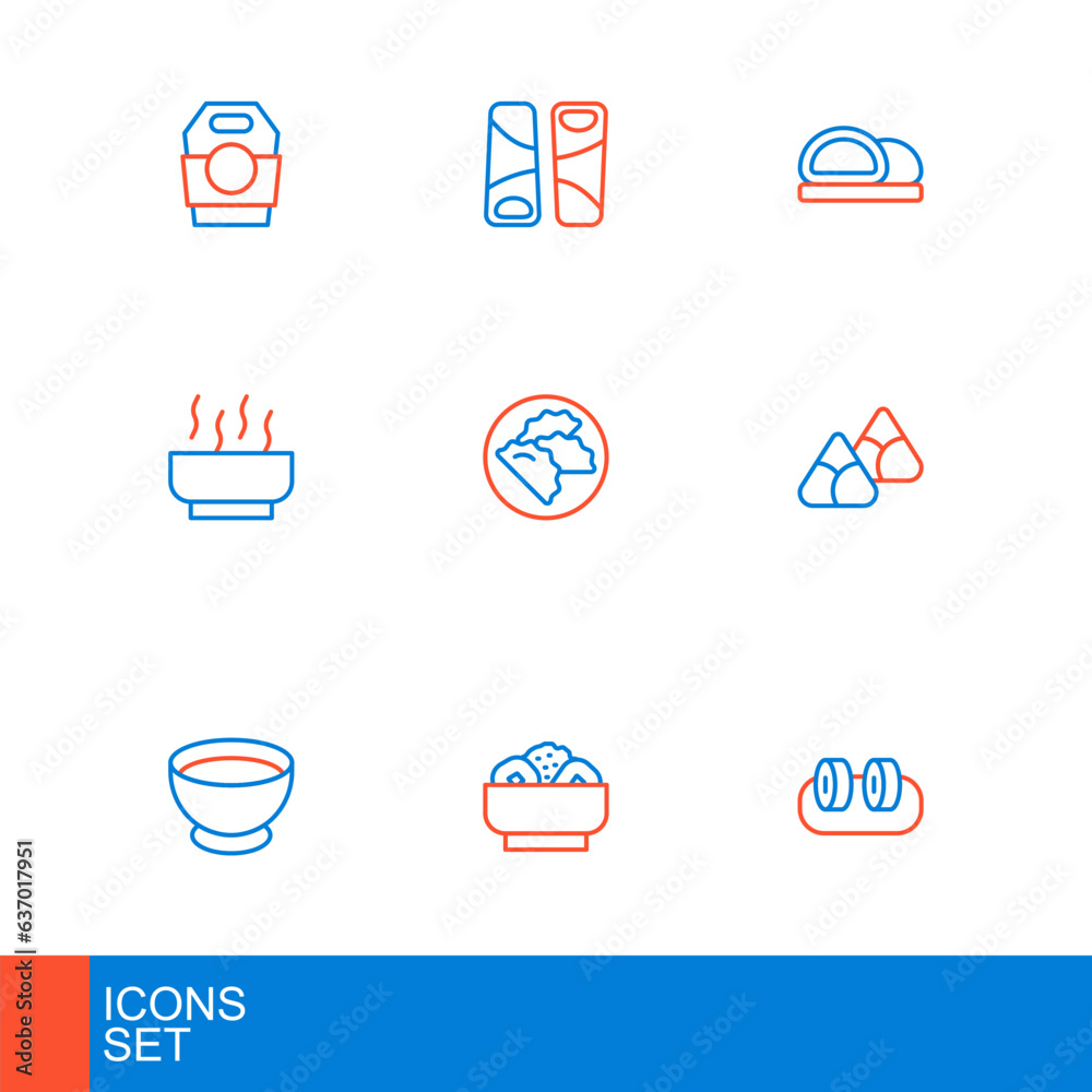 Set line Sushi, Chow mein on plate, Soy sauce bowl, Zongzi bamboo steamer, Ramen soup, Dumpling, and Guotie icon. Vector