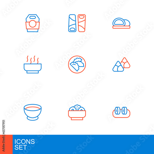 Set line Sushi, Chow mein on plate, Soy sauce bowl, Zongzi bamboo steamer, Ramen soup, Dumpling, and Guotie icon. Vector
