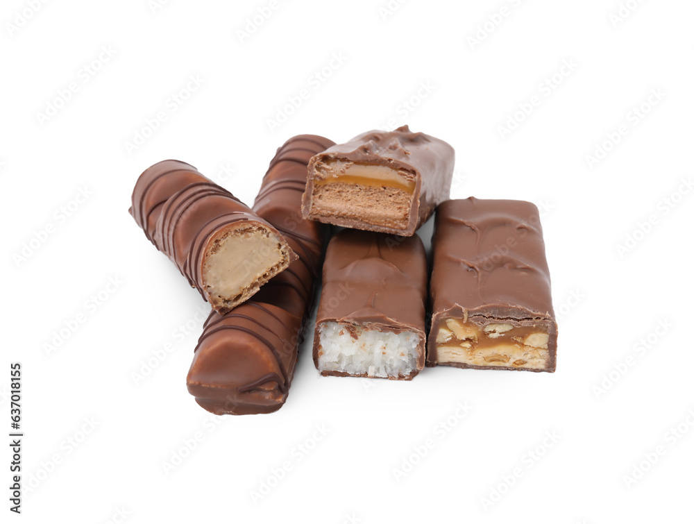 Pieces of different tasty chocolate bars on white background Pieces of different tasty chocolate bars on white background