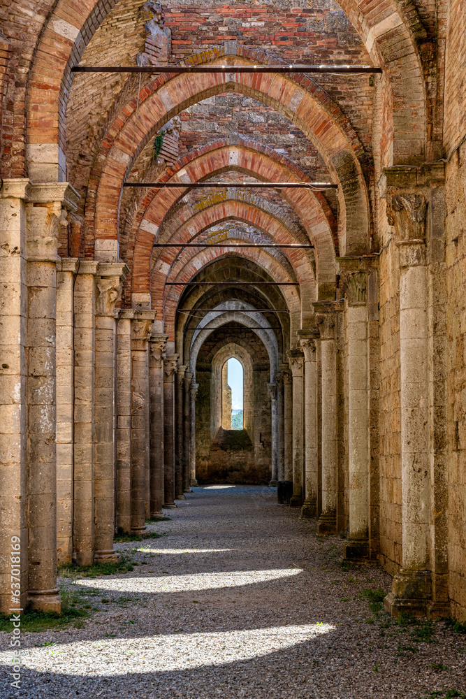 Scenic perspective from the San Galgano Abbey, near Chiusdino, Province of Pisa, Tuscany, Italy.