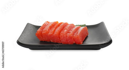 Tasty sashimi (slices of raw salmon) served with parsley isolated on white