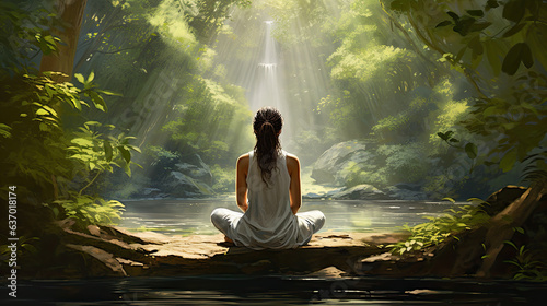 Back of a woman in a serene natural setting  sitting cross-legged  conveys a sense of mindfulness  environmental responsibility  and the tranquility of connecting with nature. AI Generative