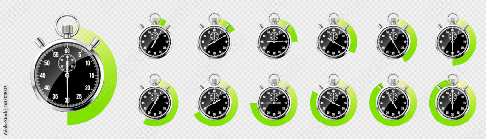Realistic classic stopwatch. Shiny metal chronometer, black time counter with dial. Green countdown timer showing minutes, seconds. Time measurement for sport, start and finish. Vector illustration Realistic classic stopwatch. Shiny metal chronometer, black time counter with dial. Green countdown timer showing minutes, seconds. Time measurement for sport, start and finish. Vector illustration
