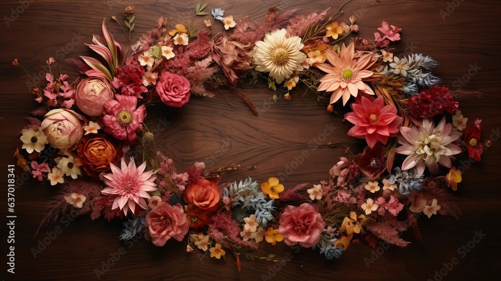 AI generated, wreath of colorful flowers on a wooden table, in the style of detailed nature depictions, naturalist aesthetic patterns.