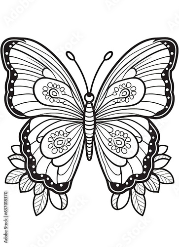 Butterfly and flowers Black and white illustration for coloring book