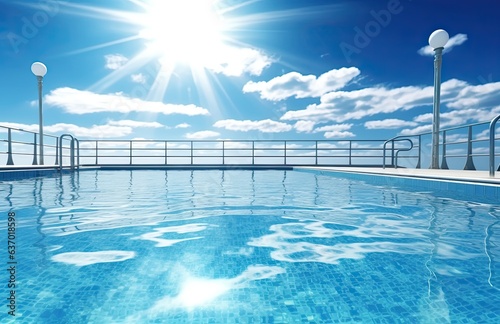 swimming pool an empty swimming pool with sun shining behind it with Generative AI