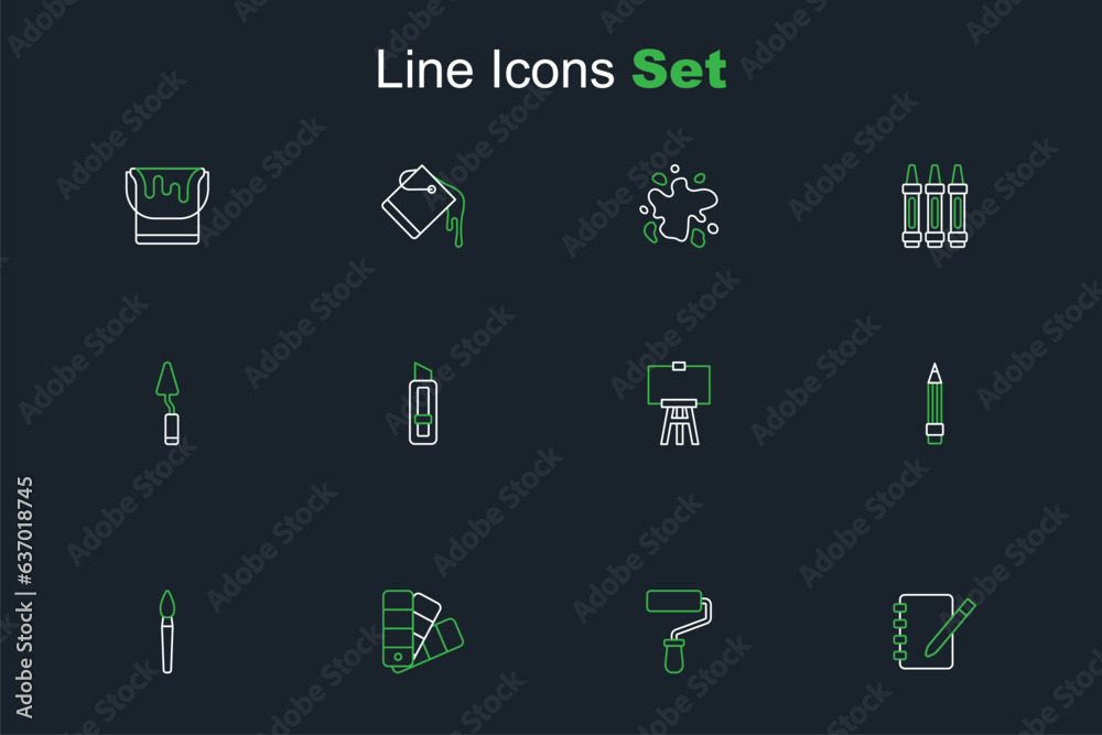 Set line Notebook, Paint roller brush, Color palette guide, Pencil with eraser, Wood easel, Stationery knife and Palette icon. Vector Set line Notebook, Paint roller brush, Color palette guide, Pencil with eraser, Wood easel, Stationery knife and Palette icon. Vector