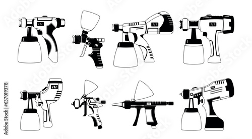 Spray Guns Black And White Icons. Handheld Tools That Use Compressed Air To Spray Paint, Coatings, Or Liquids