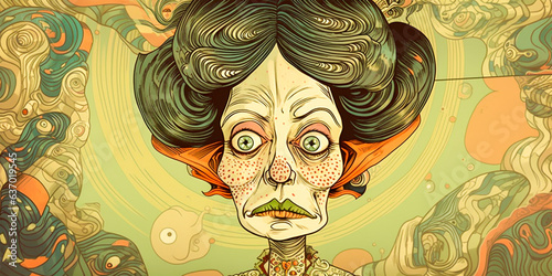 An illustration showing the concept of the ugliest woman in the world with surreal elements. A work of art that challenges traditional beauty standards and explores unconventional aesthetics.
