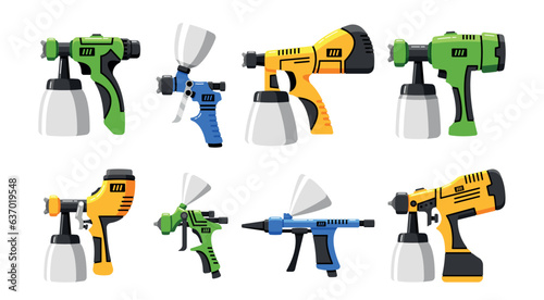 Set of Spray Guns. Handheld Devices Used For Spraying Liquids, Like Paint Or Pesticides, Onto Surfaces, Vector