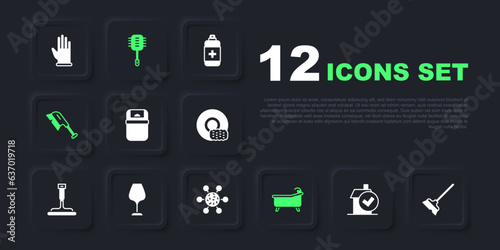 Set Home cleaning service, Mop, Trash can, Bathtub, Brush for, Wine glass, Toilet brush and Bacteria icon. Vector