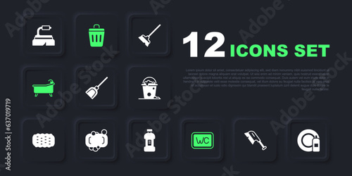 Set Brush for cleaning, Dishwashing bottle and plate, Dustpan, Toilet, Bathtub, Bar of soap, Trash can and Bottle detergent icon. Vector