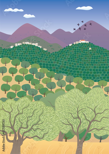 Olive groves. Summer Mediterranean landscape with mountain village and hills full of olive trees. Vector image.