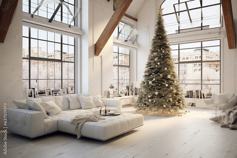 Apartment loft interior with Christmas tree and white decorations. AI Generative Apartment loft interior with Christmas tree and white decorations. AI Generative