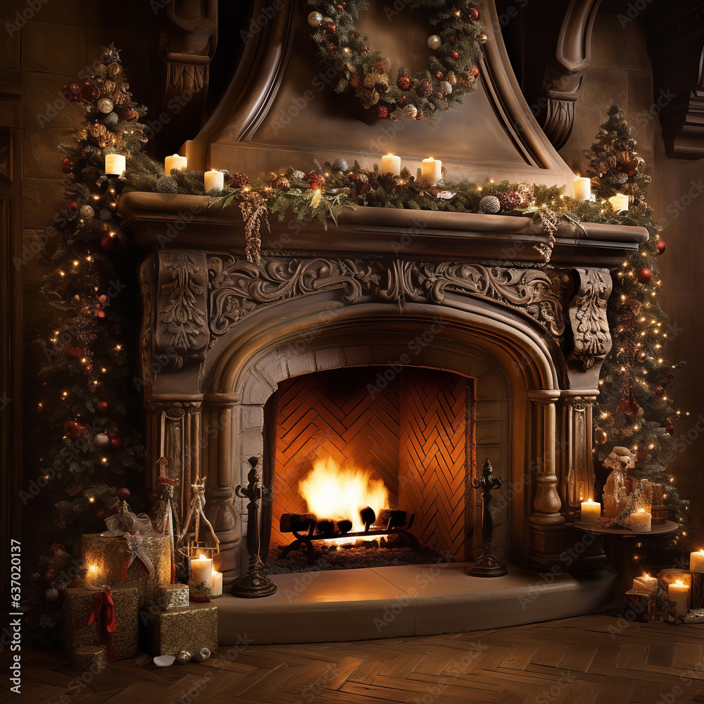 Fireplace with Christmas tree decorations, candles and presents. Cozy Christmas home. AI Generative.