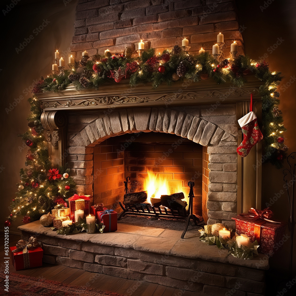 Christmas decorations in the house with fireplace, candles and presents. Cozy Christmas home. AI Generative.