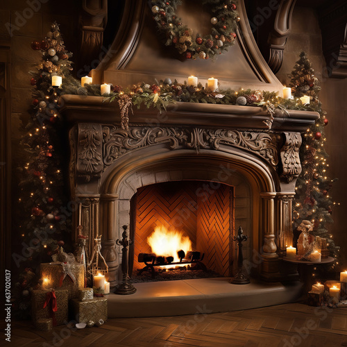 Fireplace with Christmas tree decorations, candles and presents. Cozy Christmas home. AI Generative.