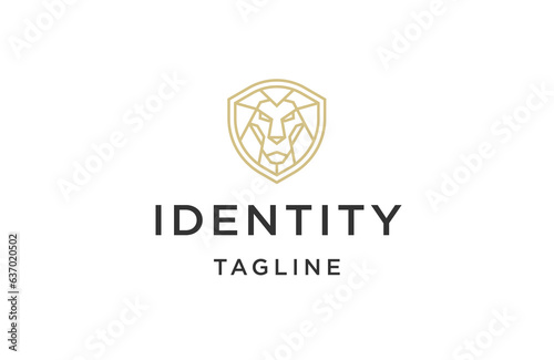 Lion shield line logo icon design template flat vector