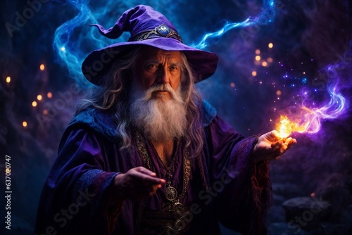 A mystical wizard holding a lit candle, with a majestic white beard and a vibrant purple hat photo