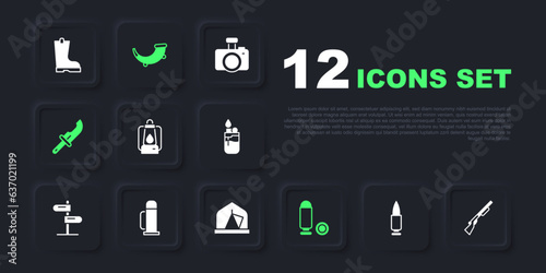 Set Bullet, Hunting gun, Camping lantern, Hunter knife, Thermos container, horn and Tourist tent icon. Vector