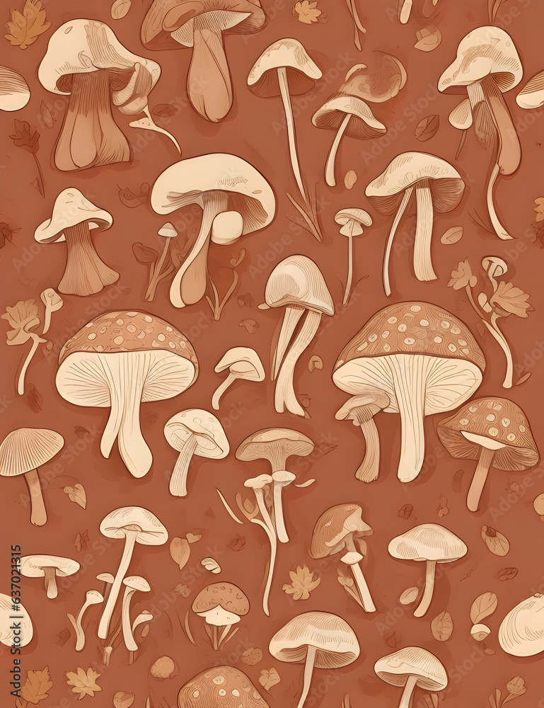 Mushroom seamless pattern on terracotta background