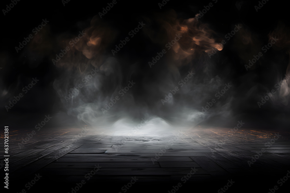 Abstraktes Bild eines dunklen Raumes mit Betonboden. Schwarzer Raum Hintergrund für Productplacement. Panoramablick auf weiße Wolken, Nebel oder Smog auf schwarzem Hintergrund generative ai - obrazy, fototapety, plakaty 